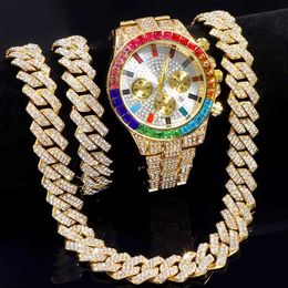 Pendant Necklaces Hip Hop Men Women Watches Iced Out Necklace+watch+bracelet Set Bling 2 Row Prong Cuban Link Chain Necklace Hiphop Jewellery