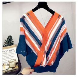 Women's Blouses Chiffon Shirt V-neck Stripe Bat Sleeve Ice Silk Knit Versatile Fashion Top 2023 Summer Trendy Wear