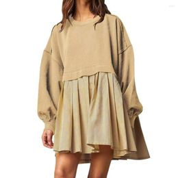 Casual Dresses Color Matching Dress Ladies Chic Pleated Ruffle Swing Colorful Patchwork Loose Fit Above Knee Length For Fall Spring