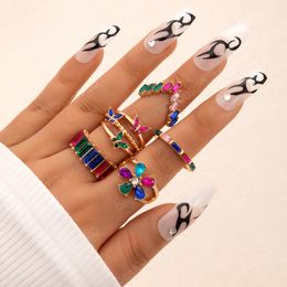 Bohemian Colourful Crystal Geometric Rings Set For Women Rhinestone Butterfly Flower Charm Finger Ring Girls Fashion Jewellery