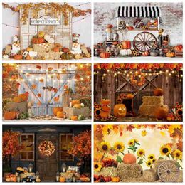 Background Material Autumn Halloween Backdrop For Photography Bumper Harvest Pumpkins Maple Leaves Vintage Brick Wall Photo Background Photocall YQ231003