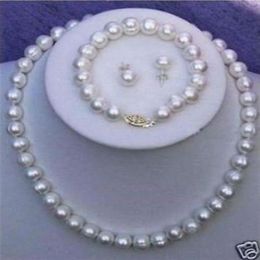 8-9mm White Cultured Freshwater Pearl Necklace Bracelet & Earring Set256c