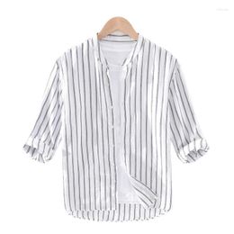 Men's Casual Shirts Vintage Striped Yarn-dyed Shirt Loose And Breathable Standing Collar 3/4 Sleeve Cotton Linen Trendy Short Sleeved Top