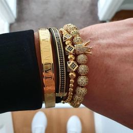 Jewellery Men Bracelets Gold Black Hip Hop Hand Made Beaded Bracelet set Copper Pave CZ Zircon crystal Crown Roman Numeral Bangles c265N