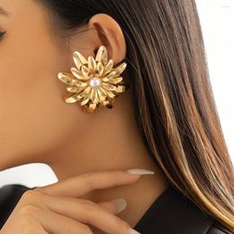 Hoop Earrings AENSOA Exaggerated Vintage Metal Gold Color Flower Big For Women Punk Fashion Statement Jewelry Party Gift