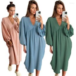 Women's Sleepwear Women Nightdress Lantern Long-sleeved Skirt V-neck Cotton Crepe Loose Homewear Elegant Nghtgown Plus Size 3XL Outwear