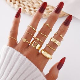 Gold Colour Metal Punk Ring for Women Pentagram Bead Geometric Hollowed Heart Rings Set Fashion Jewellery Gifts