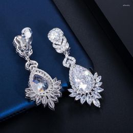 Backs Earrings ThreeGraces Non Pierced Gorgeous Cubic Zirconia Water Drop Shape Women Long Clip On For No Hole Ears EJ47