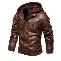 Men's Jackets Long Sleeved Leather Jacket Pu Plush Warm Windproof Hood Metal Zipper Decoration