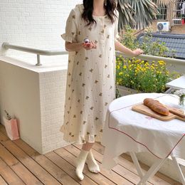 Women's Sleepwear Bear Print Summer Nightgown Women Short Sleeve Long Dress Home Clothes Kawaii Cotton Gauze Crepe Nightdress Chic D412