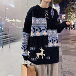 Men's Sweaters Men Loose Sweater Christmas Style Colorblock Elk Snowflake Cosy Thick Knitted Pullover For Fall/winter Wardrobe