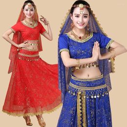 Stage Wear Women Belly Dance Costume Set Sari Outfit Bollywood Performance Chiffon Top Belt Skirt Bellydance