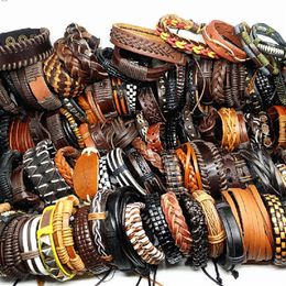 Whole 50pcs pack Cuff assorted retro Handmade men's top Genuine Leather tribal surfer bracelets mix styles Brand new drop275S