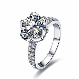 Real Solid 925 Sterling Silver Wedding Rings For Women Romantic Flower Shaped Inlay 3 Carat Diamond Engagement Ring233B