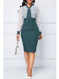 Casual Dresses Womens Elegant Lace Patchwork Sheath Dress O Neck Sashes Long Sleeve Pencil Classy Lady Mid Bodycon Style Autumn