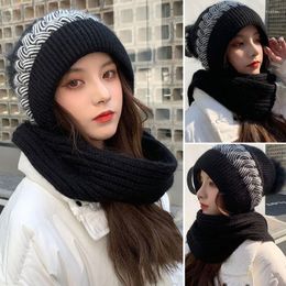 Berets Women Winter Hood Beanies Thick Woollen Knitted Hat Scarf Fur Pompom Crochet Bonnet Outdoor Ski Female Skullies Cap Warm Headgear