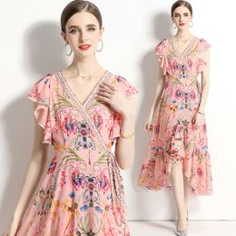 Boutique Women Chiffon Dress Short Sleeve Floral Dress Summer Chiffon Dresses High-end Fashion Lady Ruffles Printed Dresses Holiday Party Runway Dresses