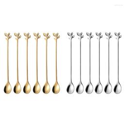 Coffee Scoops Long Handle Iced Tea Spoons Set Creative Gold Leaf Cocktail Stirring Premium Food Grade Stainless Steel Mirror &