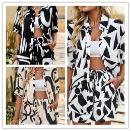 Women's Tracksuits Short Sets Women Print Two Piece Suit Half Sleeve Shirts Button Lapel T Shirt Drawstring Trousers Ladies Summer Matching