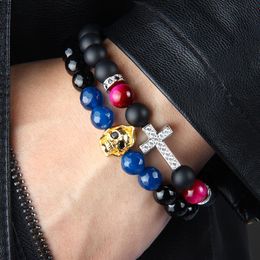 1PCS Religious Totem Jewelry 8mm Matte Onyx & Colors Tiger Eye Stone Beads With Clear Cz Royal Cross Jesus Bracelets For Party314H