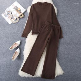 Women's Two Piece Pants Thickened Wool Round Neck Knitted Cashmere Sweater Wide-Leg Two-Piece Casual Raglan Sleeve Elastic Waist Side Slit