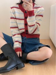 Women's Knits Korobov Contrasting Colour Stripe Knitted Cardigan Autumn South Korean Mohair Vintage Sweaters Japanese Style Thin Y2k Tops