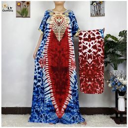 Ethnic Clothing 2023 Dubai Muslim For Women Short Sleeve Printed Cotton Islam Turkey Femme Loose Robe African Abayas Dress With Headscarf