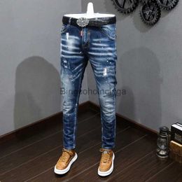 Men's Jeans Fashion Designer Men Jeans Retro Blue Stretch Slim Fit Painted Ripped Jeans Men Korean Style Vintage Casual Denim Pants HombreL231003