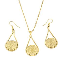 Gold Colour Coin Money Sign Pendant with Earring Set Muslim Jewelry241J