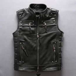 Men's Vests 5 Days Arrival Professional Motorcycle Biker Sleeveless Jacket Genuine Leather Vest Rivet Cowskin Black
