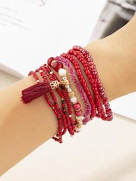 Strand 9pcs Bohemian Glass Rice Beads With Tassel Red Bracelet