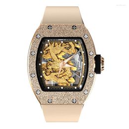 Wristwatches CRONUSART Men Automatic Watch Luxury Tonneau Mechanical Wristwatch Luminou Fluororubber Strap Gold Dragon Dial Hollow Out