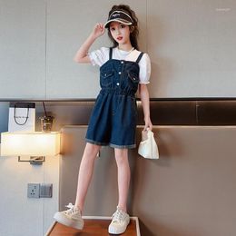 Clothing Sets Summer Girls' Casual Set Cotton Fashion Middle And Big Boys Korean Version Foreign Style Denim Strap Trouser T-shirt