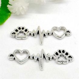 100Pcs Vintage Silver Paw Print Heart Electrocardiogram Symbol Connectors for Bracelet Charms Jewellery Making 34x12mm2916