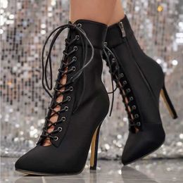 Designer Rivet Zipper Cross-tied Pointed Toe Women Ankle Boots Sexy Thin Heels Lace-up Party Autumn Winter Female Shoes 230922