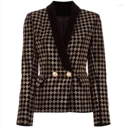 Women's Suits Fashion Black Plaid Blazer Coat For Women High Street Est 2023 Designer Jacket Top Shawl Collar Diamonds Velvet Female