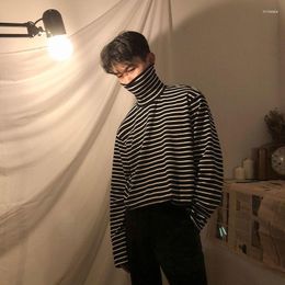 Men's T Shirts Black White Striped High Neck Bottom Shirt Autumn Winter Oversized Couples Versatile Long-sleeved T-shirt Top