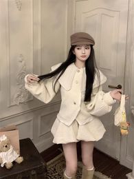 Women's Tracksuits Korean Style Sweet Girl Suit Peter-pan Collar Loose Coat Waffle Ragged Shorts Two-piece Set Fashion Female Clothes