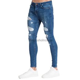 Men's Jeans Men Stretchy Ripped Jeans High Waist Destroyed Hole Taped Slim Fit Trousers Close-Fitting Denim Scratched Pants for MenL231003