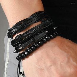 Bangle Punk Leather Bracelet For Men Fashion Spike Set Wood Ball Pull Rope Charm Jewellery Lovers Gift