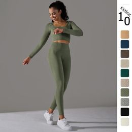 Active Sets Seamless Yoga Set Long Sleeve Gym Clothing Fitness Crop Top High Waist Leggings Two Piece For Women Workout Clothes
