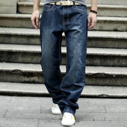 Men's Jeans Stretch Men Loose Straight Trousers Large Size 's Blue And Black Denim Pants Mid Waist Washed