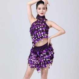 Stage Wear Women 3 Pcs Fringe Colorful Sequins Dress Belly Dance Outfits Sleeveless Bra Top Mini Skirt With Shiny Choker