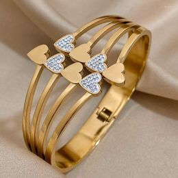 Bangle AENSOA Chunky Gold Colour Double Row Inlaid Zircon Love Heart Wide Bangles Bracelet For Women Charm 18K Plate Jewellery