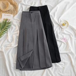 Skirts Lucyever Black Grey Pleated Long Skirt For Women 2023 Spring Japanese Style High-Waist Woman Office Streetwear Midi