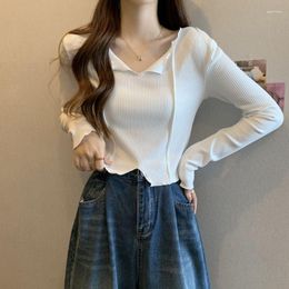 Women's T Shirts Women Shirt Basic Crop Top Autumn Long Sleeve Tees Korean Style V-neck Casual Tshirts Femme Solid Color Slim Clothes 2023