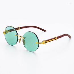 Sunglasses Green Crystal Stone Man Round Rimless Glass Sun Glasses Woman Natural Mineral Lens Retro Wooden Frame Top Quality