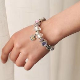 18 to 21CM pink light purple charm beads bracelet me you forever pendant fit silver snake chain bangle DIY Accessories Jewellery for235Q