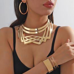 Necklace Earrings Set Fashion Light Luxury Metal Lines Multi Layer Geometric Hollow Gold Plated Bracelet Jewellery Gifts For Women