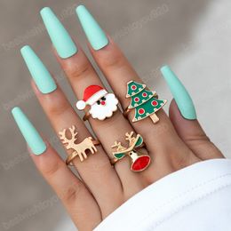 4Pcs Christmas Geometric Knuckle Ring Set For Women Enamel Santa Claus Tree Elk Joint Ring Female Fashion Party Jewelry Gift